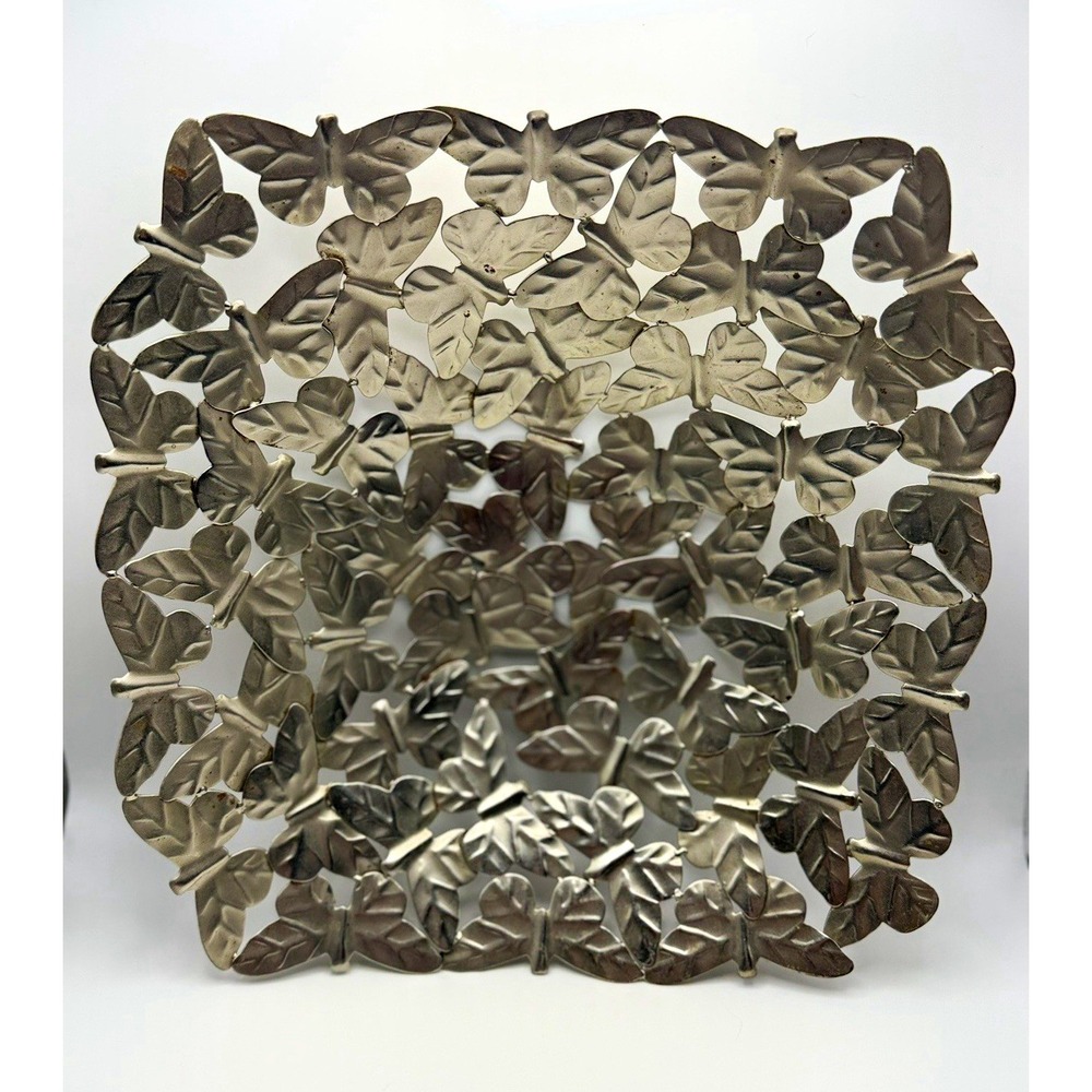 Silver Tone Metal Decorative Round Bowl - Leaf & Butterfly Cutout Motif